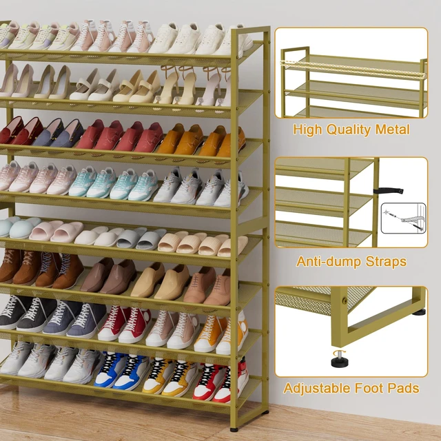Alt view image 4 of 7 - Large Shoe Rack 8 Tier Shoe Organizer, Heavy Duty Metal 4-Tier Stackable Shoe Storage Vertical Shoe Rack for Closet Front Door Entrance, Up to 50 Pairs, 44.8" W x 11.4" D x 56.7" H, Gold