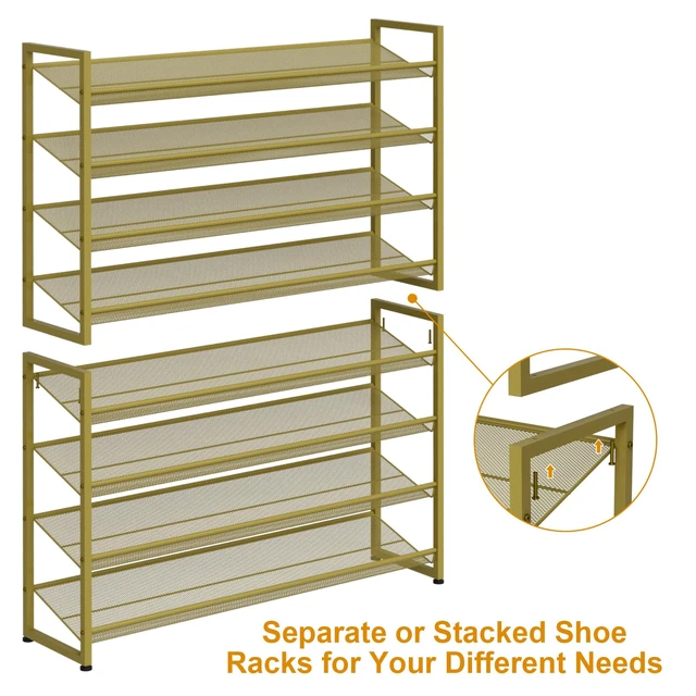 Alt view image 5 of 7 - Large Shoe Rack 8 Tier Shoe Organizer, Heavy Duty Metal 4-Tier Stackable Shoe Storage Vertical Shoe Rack for Closet Front Door Entrance, Up to 50 Pairs, 44.8" W x 11.4" D x 56.7" H, Gold