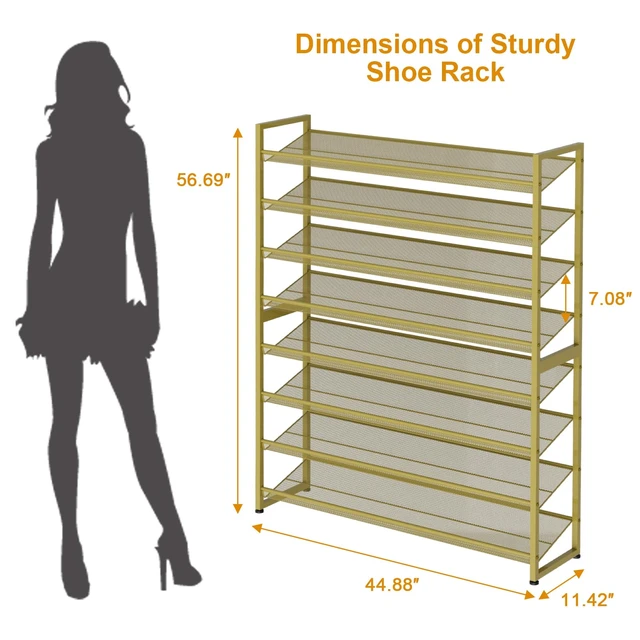 Alt view image 6 of 7 - Large Shoe Rack 8 Tier Shoe Organizer, Heavy Duty Metal 4-Tier Stackable Shoe Storage Vertical Shoe Rack for Closet Front Door Entrance, Up to 50 Pairs, 44.8" W x 11.4" D x 56.7" H, Gold