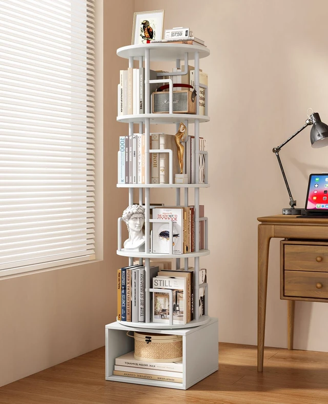 Main image of 5 Tier 360°Rotating Bookshelf with Extra Storage Cabinet, White | 5 Tier 360° Rotating Bookshelf,Extra Storage Cabinet,Floor Standing Bookcase,Narrow Book Shelf for Bedroom Living Room