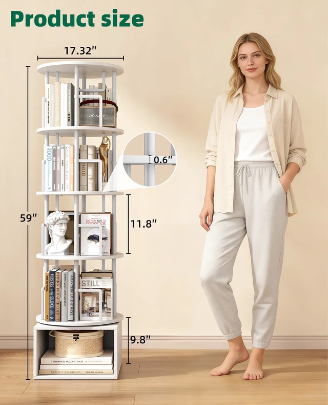 Alt view image 2 of 7 - 5 Tier 360°Rotating Bookshelf with Extra Storage Cabinet, White | 5 Tier 360° Rotating Bookshelf,Extra Storage Cabinet,Floor Standing Bookcase,Narrow Book Shelf for Bedroom Living Room