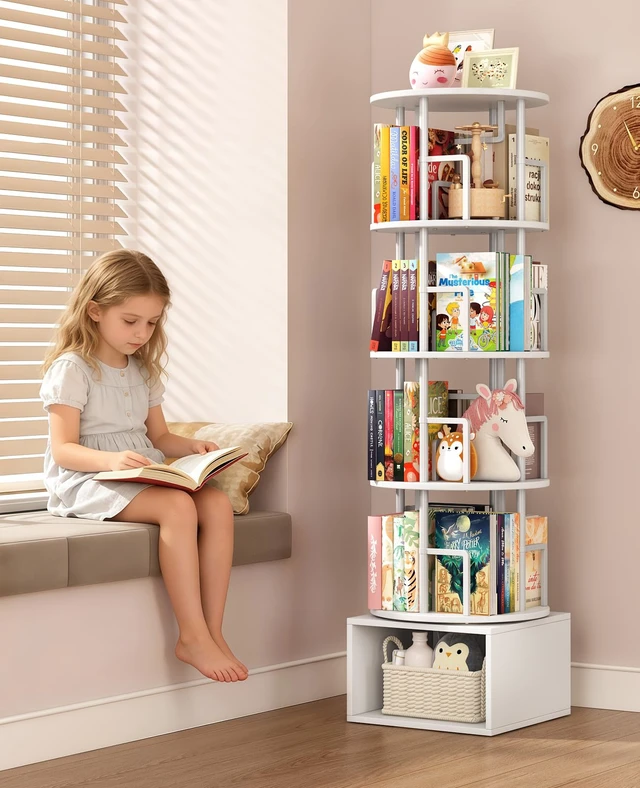 Alt view image 3 of 7 - 5 Tier 360°Rotating Bookshelf with Extra Storage Cabinet, White | 5 Tier 360° Rotating Bookshelf,Extra Storage Cabinet,Floor Standing Bookcase,Narrow Book Shelf for Bedroom Living Room
