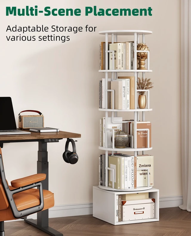 Alt view image 5 of 7 - 5 Tier 360°Rotating Bookshelf with Extra Storage Cabinet, White | 5 Tier 360° Rotating Bookshelf,Extra Storage Cabinet,Floor Standing Bookcase,Narrow Book Shelf for Bedroom Living Room