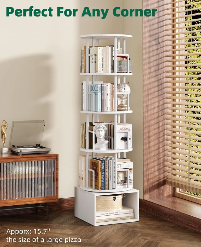 Alt view image 4 of 7 - 5 Tier 360°Rotating Bookshelf with Extra Storage Cabinet, White | 5 Tier 360° Rotating Bookshelf,Extra Storage Cabinet,Floor Standing Bookcase,Narrow Book Shelf for Bedroom Living Room
