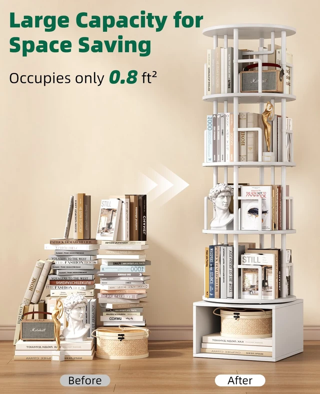 Alt view image 7 of 7 - 5 Tier 360°Rotating Bookshelf with Extra Storage Cabinet, White | 5 Tier 360° Rotating Bookshelf,Extra Storage Cabinet,Floor Standing Bookcase,Narrow Book Shelf for Bedroom Living Room