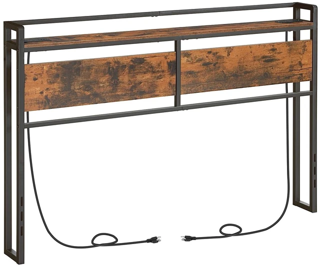 Main image of Headboard Queen Size, Headboard with 2 Outlets and 4 USB Ports, Adjustable Height, Storage Rack, Sturdy and Stable, Easy Assembly, Rustic Brown and Black