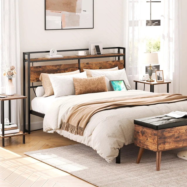Alt view image 3 of 7 - Headboard Queen Size, Headboard with 2 Outlets and 4 USB Ports, Adjustable Height, Storage Rack, Sturdy and Stable, Easy Assembly, Rustic Brown and Black