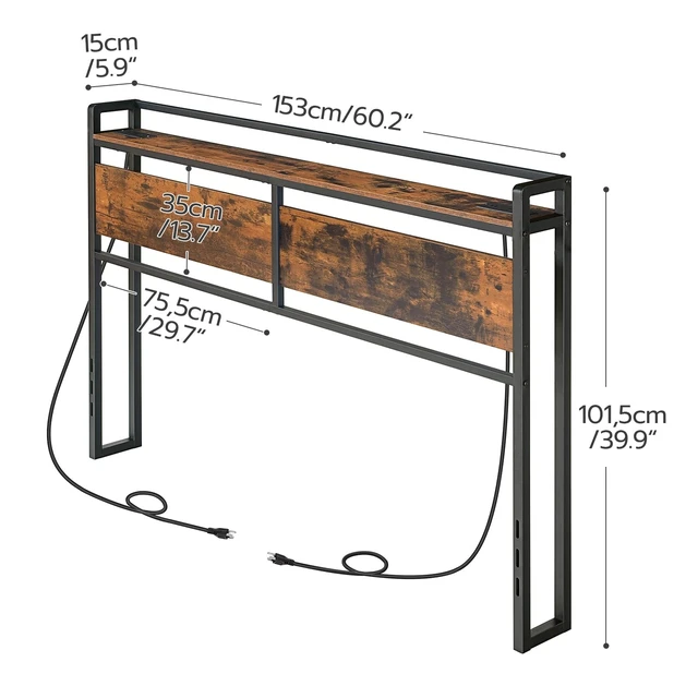 Alt view image 6 of 7 - Headboard Queen Size, Headboard with 2 Outlets and 4 USB Ports, Adjustable Height, Storage Rack, Sturdy and Stable, Easy Assembly, Rustic Brown and Black