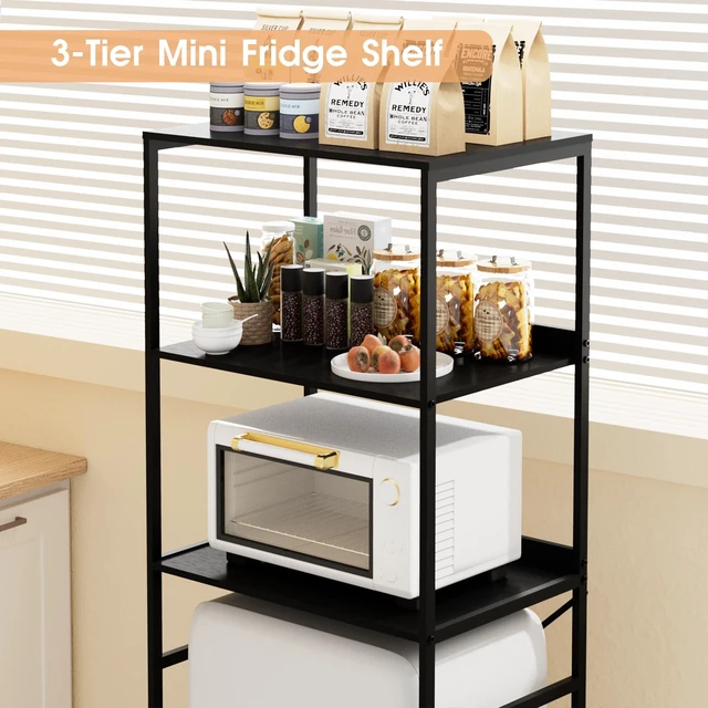 Alt view image 4 of 7 - Mini Fridge Shelf 3 Tier Mini Fridge and Microwave Storage Rack | Over Mini Fridge Storage Rack 3 Tier Microwave and Fridge Stand Suitable for Dorm, Kitchens, Offices, Black