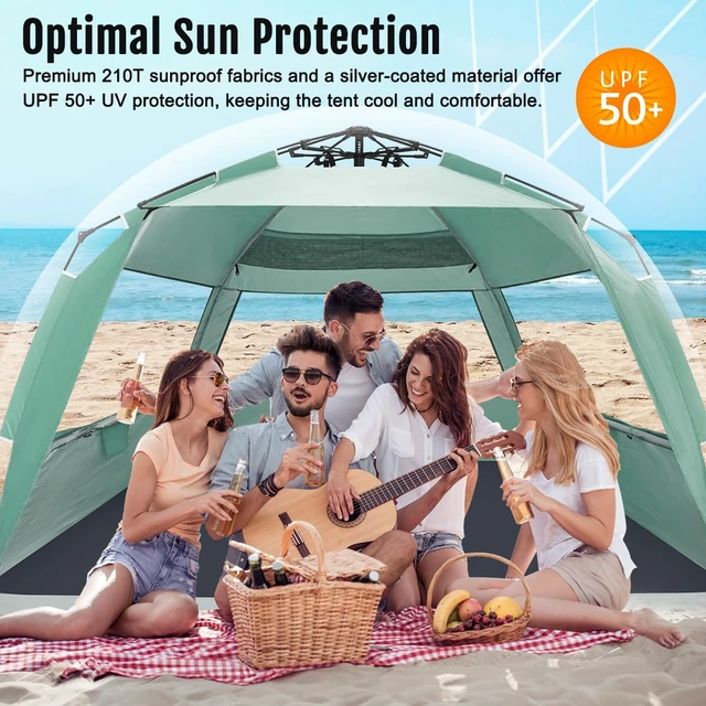 Alt view image 3 of 7 - Deluxe XXL Pop Up Beach Tent Sun Shade Shelter for 5-6 Person, UV Protection, Extendable Floor with 3 Ventilating Windows Plus Carrying Bag, Stakes, and Guy Lines (Mint Green)