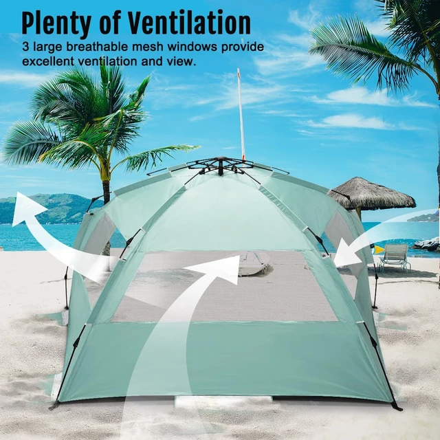 Alt view image 4 of 7 - Deluxe XXL Pop Up Beach Tent Sun Shade Shelter for 5-6 Person, UV Protection, Extendable Floor with 3 Ventilating Windows Plus Carrying Bag, Stakes, and Guy Lines (Mint Green)