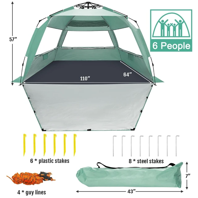 Alt view image 7 of 7 - Deluxe XXL Pop Up Beach Tent Sun Shade Shelter for 5-6 Person, UV Protection, Extendable Floor with 3 Ventilating Windows Plus Carrying Bag, Stakes, and Guy Lines (Mint Green)