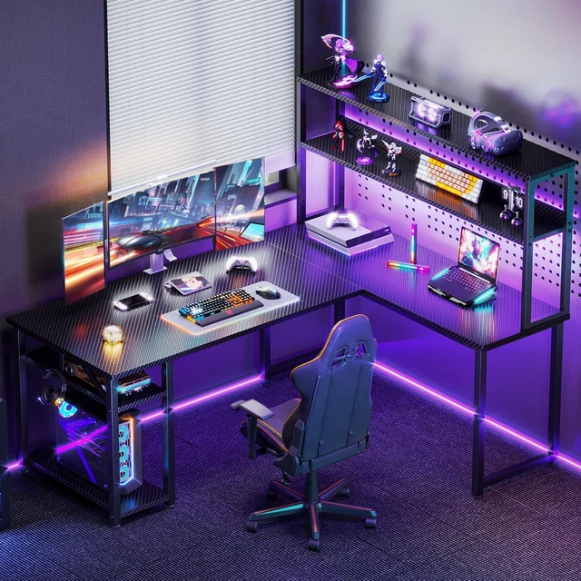 Alt view image 6 of 7 - 53 Inch L Shaped Gaming Desk with Hutch & Headphone Hook | Black Corner Computer Table with LED light & Storage Shelves for Home Office