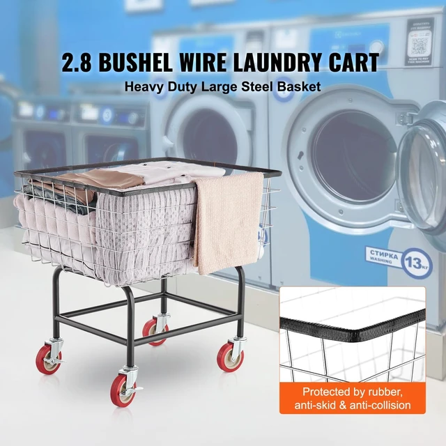 Alt view image 2 of 7 - Wire Laundry Cart 2.8 Bushel Wire Laundry Basket with Wheels | Commercial Basket Cart, Steel Frame with Chrome Finish, 4" CastersGalvanization-Plated Steel, Easy Assemble 26" x 21" x26"