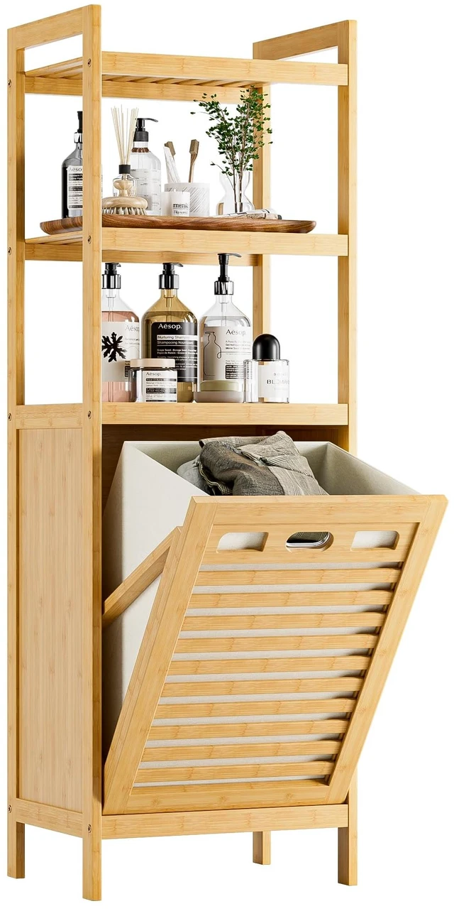Main image of Tilt Out Laundry Hamper, Bamboo Laundry Basket with Foldable Bag and 3 Open Shelves, Freestanding Clothes Storage Organizer for Bedroom, Bathroom, Living Room, Natural