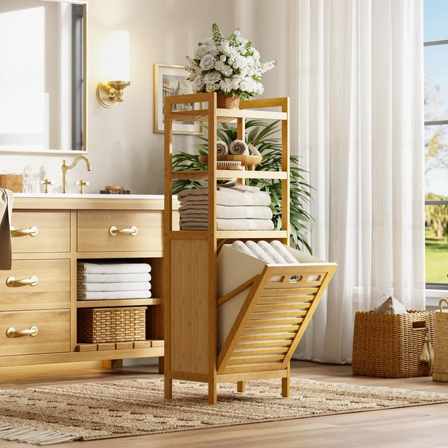 Alt view image 2 of 7 - Tilt Out Laundry Hamper, Bamboo Laundry Basket with Foldable Bag and 3 Open Shelves, Freestanding Clothes Storage Organizer for Bedroom, Bathroom, Living Room, Natural