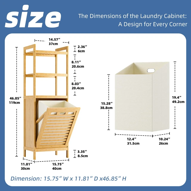 Alt view image 3 of 7 - Tilt Out Laundry Hamper, Bamboo Laundry Basket with Foldable Bag and 3 Open Shelves, Freestanding Clothes Storage Organizer for Bedroom, Bathroom, Living Room, Natural