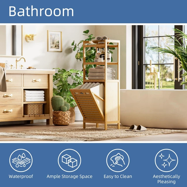 Alt view image 4 of 7 - Tilt Out Laundry Hamper, Bamboo Laundry Basket with Foldable Bag and 3 Open Shelves, Freestanding Clothes Storage Organizer for Bedroom, Bathroom, Living Room, Natural