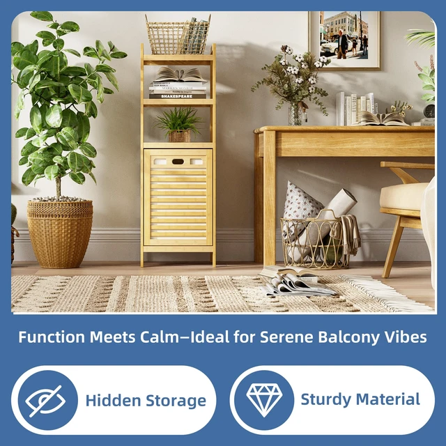 Alt view image 5 of 7 - Tilt Out Laundry Hamper, Bamboo Laundry Basket with Foldable Bag and 3 Open Shelves, Freestanding Clothes Storage Organizer for Bedroom, Bathroom, Living Room, Natural