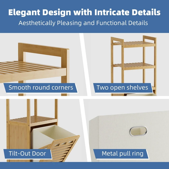 Alt view image 6 of 7 - Tilt Out Laundry Hamper, Bamboo Laundry Basket with Foldable Bag and 3 Open Shelves, Freestanding Clothes Storage Organizer for Bedroom, Bathroom, Living Room, Natural