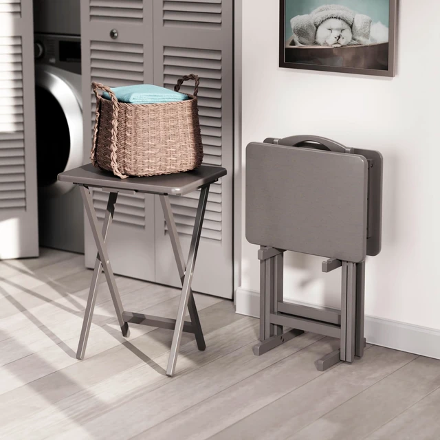 Alt view image 3 of 7 - Alex Set of 4 Foldable Snack Tables with Storage Rack | Easy to Store Portable Fold up Table Set for Kitchen, Living Room TV Dining, Crafts, Puzzles, Work From Home
