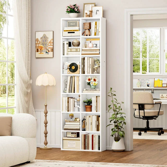Alt view image 3 of 7 - Bookshelf Bookcase 7-Tier White Bookshelf Tall CD Media Tower Rack | 71'' Narrow Bookshelf Tall Bookcase with Cube Storage, Narrow Bookshelf DVD/CD Media Shelf Tower, Space Saving Display Shelf