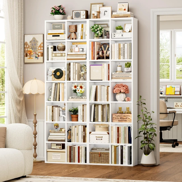 Alt view image 2 of 7 - Bookshelf Bookcase 7-Tier White Bookshelf Tall CD Media Tower Rack | 71'' Narrow Bookshelf Tall Bookcase with Cube Storage, Narrow Bookshelf DVD/CD Media Shelf Tower, Space Saving Display Shelf
