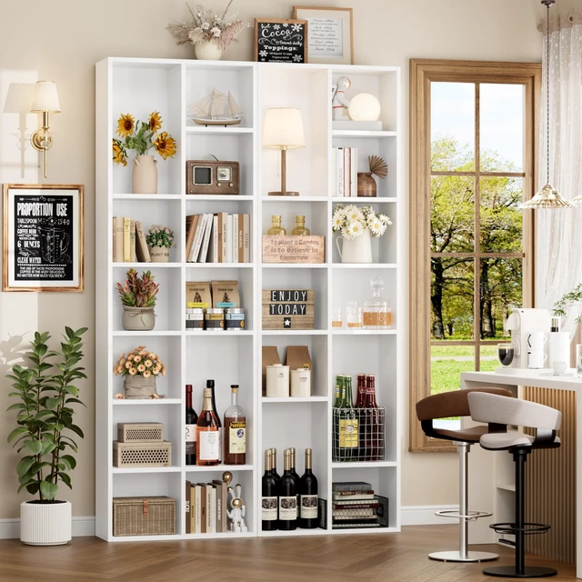 Alt view image 5 of 7 - Bookshelf Bookcase 7-Tier White Bookshelf Tall CD Media Tower Rack | 71'' Narrow Bookshelf Tall Bookcase with Cube Storage, Narrow Bookshelf DVD/CD Media Shelf Tower, Space Saving Display Shelf