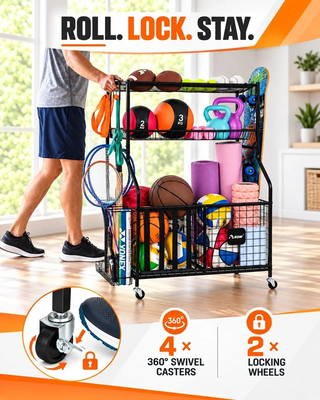 Alt view image 5 of 7 - Sports Equipment Storage for Garage, Ball Storage Organizer | Large-capacity sports organizer with easy-access elastic front for balls, bats, helmets, toys and everyday garage gear.
