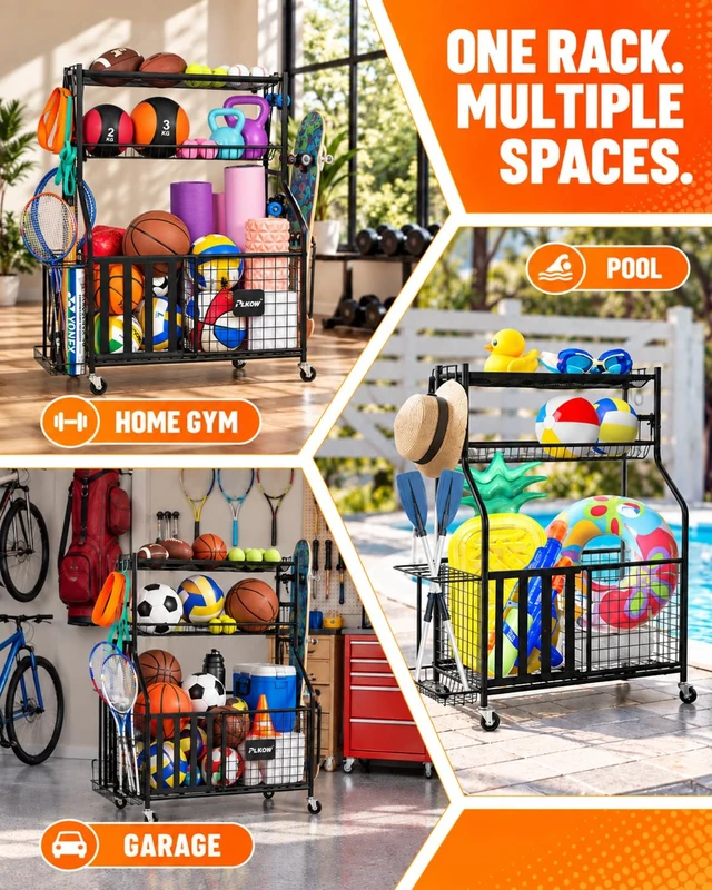 Alt view image 7 of 7 - Sports Equipment Storage for Garage, Ball Storage Organizer | Large-capacity sports organizer with easy-access elastic front for balls, bats, helmets, toys and everyday garage gear.