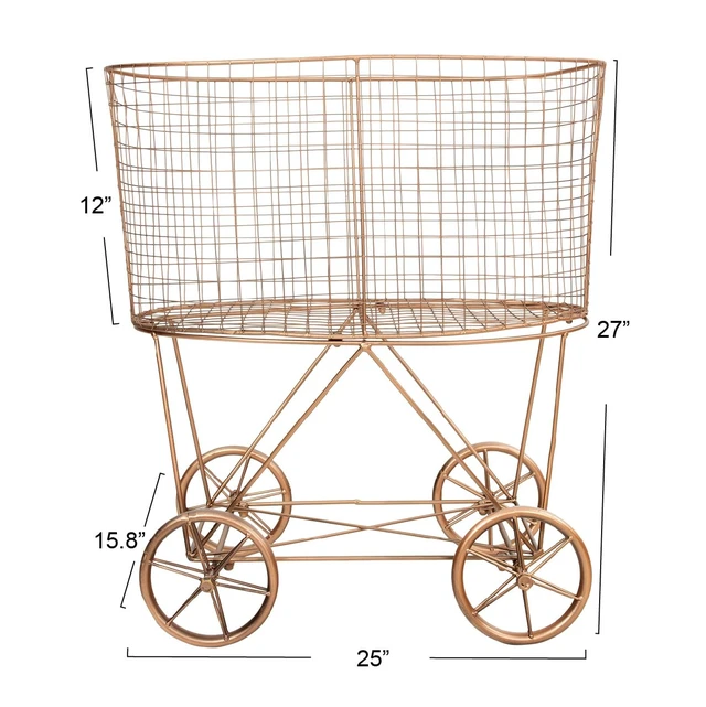 Alt view image 2 of 7 - Vintage Reproduction Decorative Metal Laundry Basket on Wheels, Copper