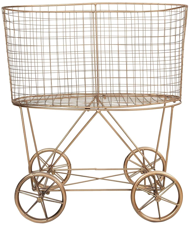 Main image of Vintage Reproduction Decorative Metal Laundry Basket on Wheels, Copper