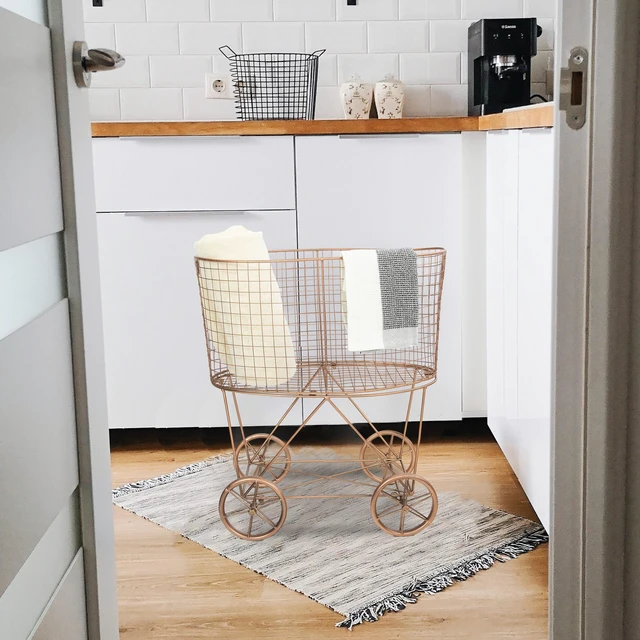 Alt view image 3 of 7 - Vintage Reproduction Decorative Metal Laundry Basket on Wheels, Copper