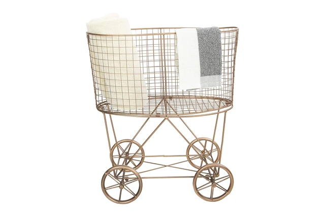 Alt view image 7 of 7 - Vintage Reproduction Decorative Metal Laundry Basket on Wheels, Copper