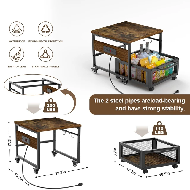 Alt view image 2 of 7 - Mini Fridge Stand with Storage and Wheels, Heavy Duty Mini Fridge Table with Power Outlets for 220LBS Refrigerator, Rolling Fridge Cart with Large Capacity Drawer for Dorm,Office,Bedroom (Retro Brown)