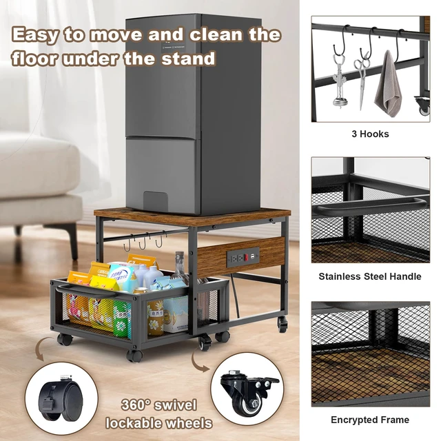 Alt view image 3 of 7 - Mini Fridge Stand with Storage and Wheels, Heavy Duty Mini Fridge Table with Power Outlets for 220LBS Refrigerator, Rolling Fridge Cart with Large Capacity Drawer for Dorm,Office,Bedroom (Retro Brown)