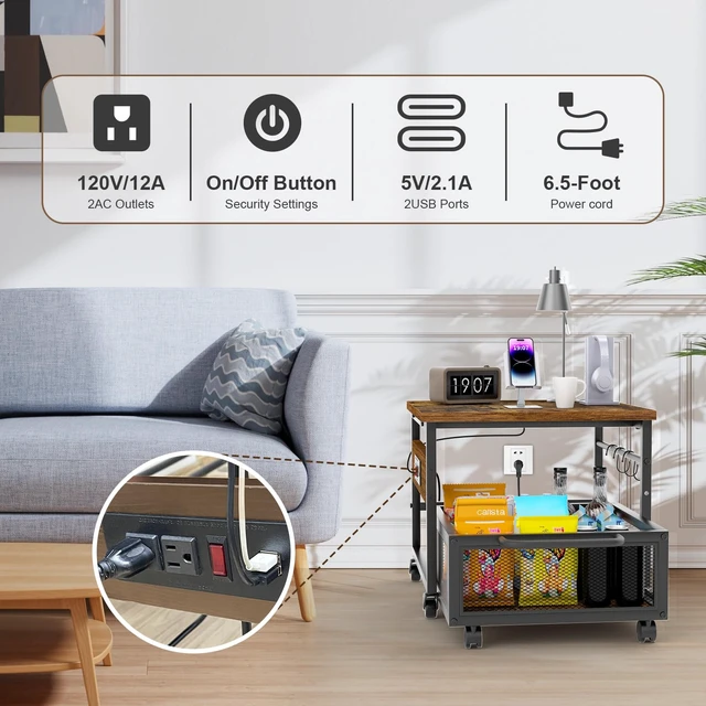 Alt view image 4 of 7 - Mini Fridge Stand with Storage and Wheels, Heavy Duty Mini Fridge Table with Power Outlets for 220LBS Refrigerator, Rolling Fridge Cart with Large Capacity Drawer for Dorm,Office,Bedroom (Retro Brown)