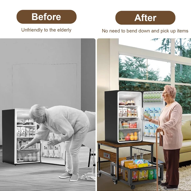 Alt view image 5 of 7 - Mini Fridge Stand with Storage and Wheels, Heavy Duty Mini Fridge Table with Power Outlets for 220LBS Refrigerator, Rolling Fridge Cart with Large Capacity Drawer for Dorm,Office,Bedroom (Retro Brown)