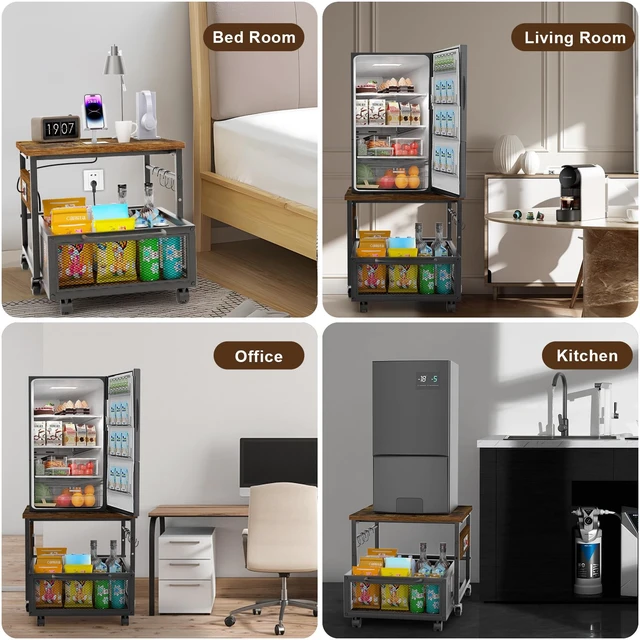 Alt view image 6 of 7 - Mini Fridge Stand with Storage and Wheels, Heavy Duty Mini Fridge Table with Power Outlets for 220LBS Refrigerator, Rolling Fridge Cart with Large Capacity Drawer for Dorm,Office,Bedroom (Retro Brown)