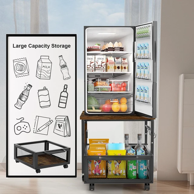 Alt view image 7 of 7 - Mini Fridge Stand with Storage and Wheels, Heavy Duty Mini Fridge Table with Power Outlets for 220LBS Refrigerator, Rolling Fridge Cart with Large Capacity Drawer for Dorm,Office,Bedroom (Retro Brown)