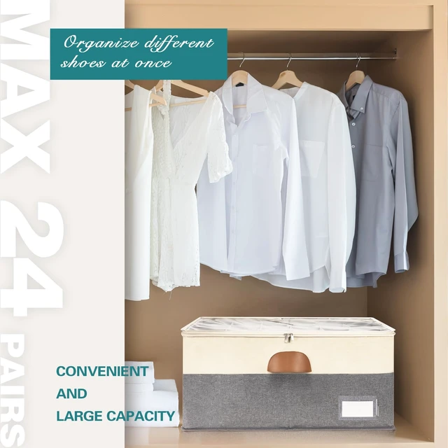 Alt view image 2 of 5 - 2 Pack Shoe Organizer for Closet Foldable Storage Box with Clear Cover | Fits 24-48 Pairs Boots and Heels Sneaker Sandals Stackable with Adjustable Divider Space Saving Dorm Beige and Grey