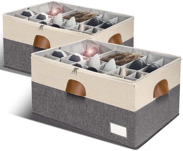Main image of 2 Pack Shoe Organizer for Closet Foldable Storage Box with Clear Cover | Fits 24-48 Pairs Boots and Heels Sneaker Sandals Stackable with Adjustable Divider Space Saving Dorm Beige and Grey