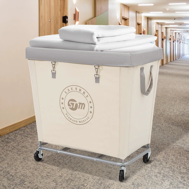Alt view image 7 of 7 - Commercial Laundry Hamper with Heavy Duty Steel Frame, 320 L Industrial Laundry Basket Cart with Wheels for Hotel, Home, Laundry Room, 31.7''L x 19.3''W x 30.91''H, Large Beige