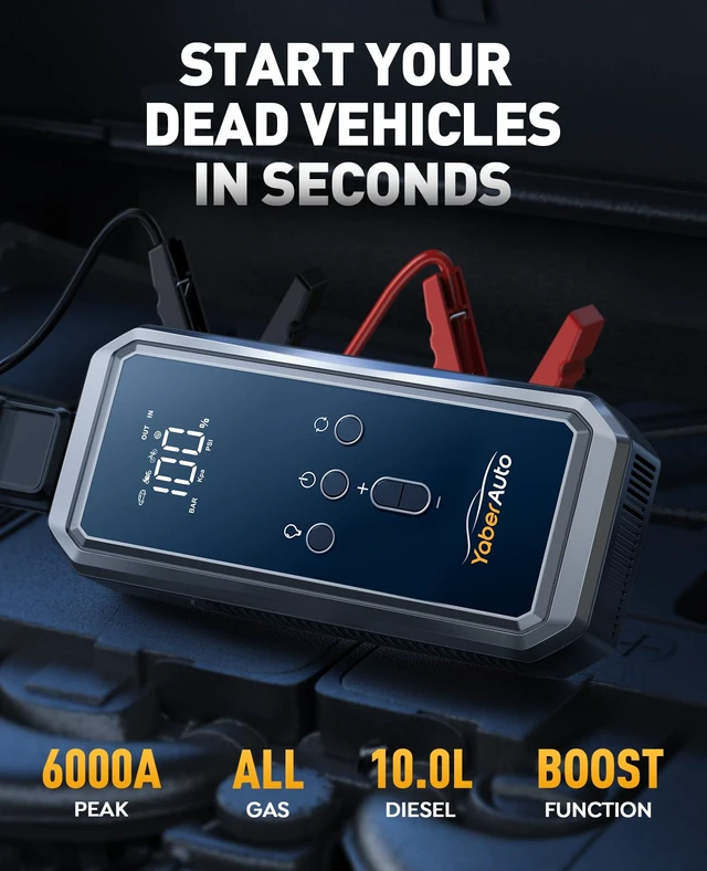 Alt view image 2 of 6 - 9-in-1 6000A 150PSI Jump Starter with Air Compressor 80Wh 160W DC | Portable Car Jump Starter Pack (All Gas/10L Diesel), 12V Jump Box Car Battery Jumper Starter Portable with Jumper Cables