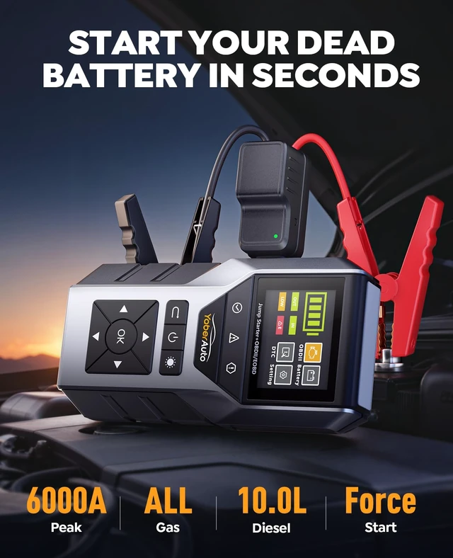 Alt view image 2 of 7 - 6000A Portable Car Jump Starter with OBD2 Scanner, Code Reader | Car Battery Jumper Starter Portable (All Gas/10L Diesel) Car Battery Jump Box Pack Jumper Cables, Diagnostic Tool 600LM Light