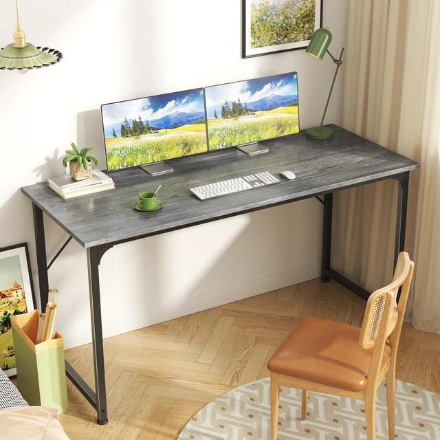 Alt view image 2 of 7 - Modern Simple Office Desk, 55 Inch, Gaming & Work Desk with Storage, Large Legroom, Metal Frame, Grey