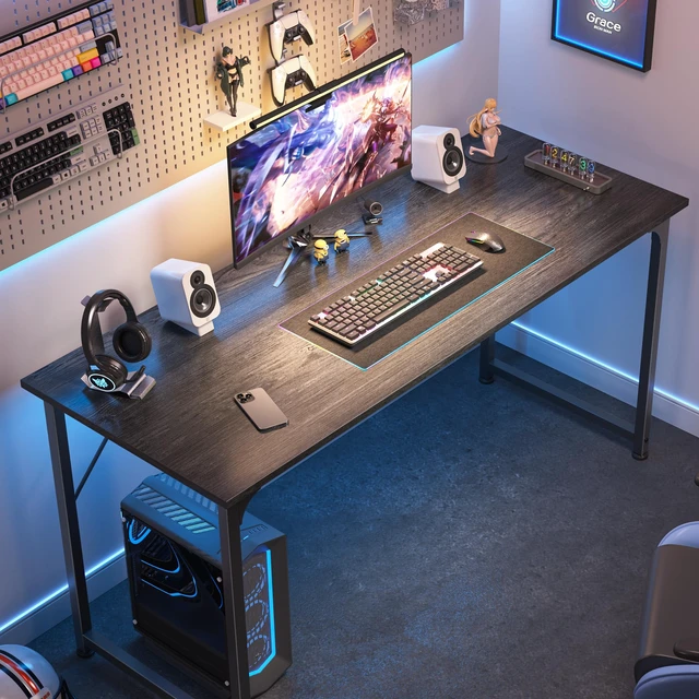 Alt view image 3 of 7 - Modern Simple Office Desk, 55 Inch, Gaming & Work Desk with Storage, Large Legroom, Metal Frame, Grey
