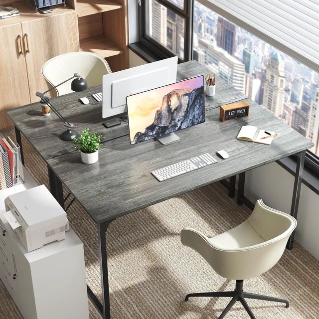 Alt view image 4 of 7 - Modern Simple Office Desk, 55 Inch, Gaming & Work Desk with Storage, Large Legroom, Metal Frame, Grey