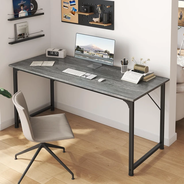 Alt view image 5 of 7 - Modern Simple Office Desk, 55 Inch, Gaming & Work Desk with Storage, Large Legroom, Metal Frame, Grey