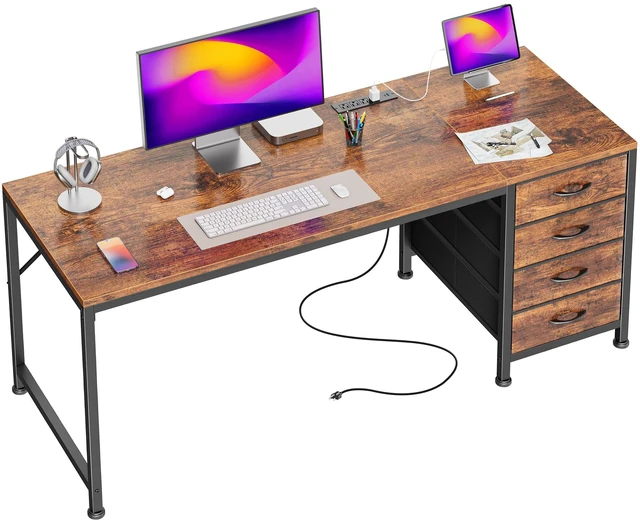 Main image of 55.1 Inch Computer Office Desk with Power Outelts and USB-C Port, Reversible Gaming Desk with 4 Fabric Drawers, Work Study Desk Work from Home, Rustic Brown